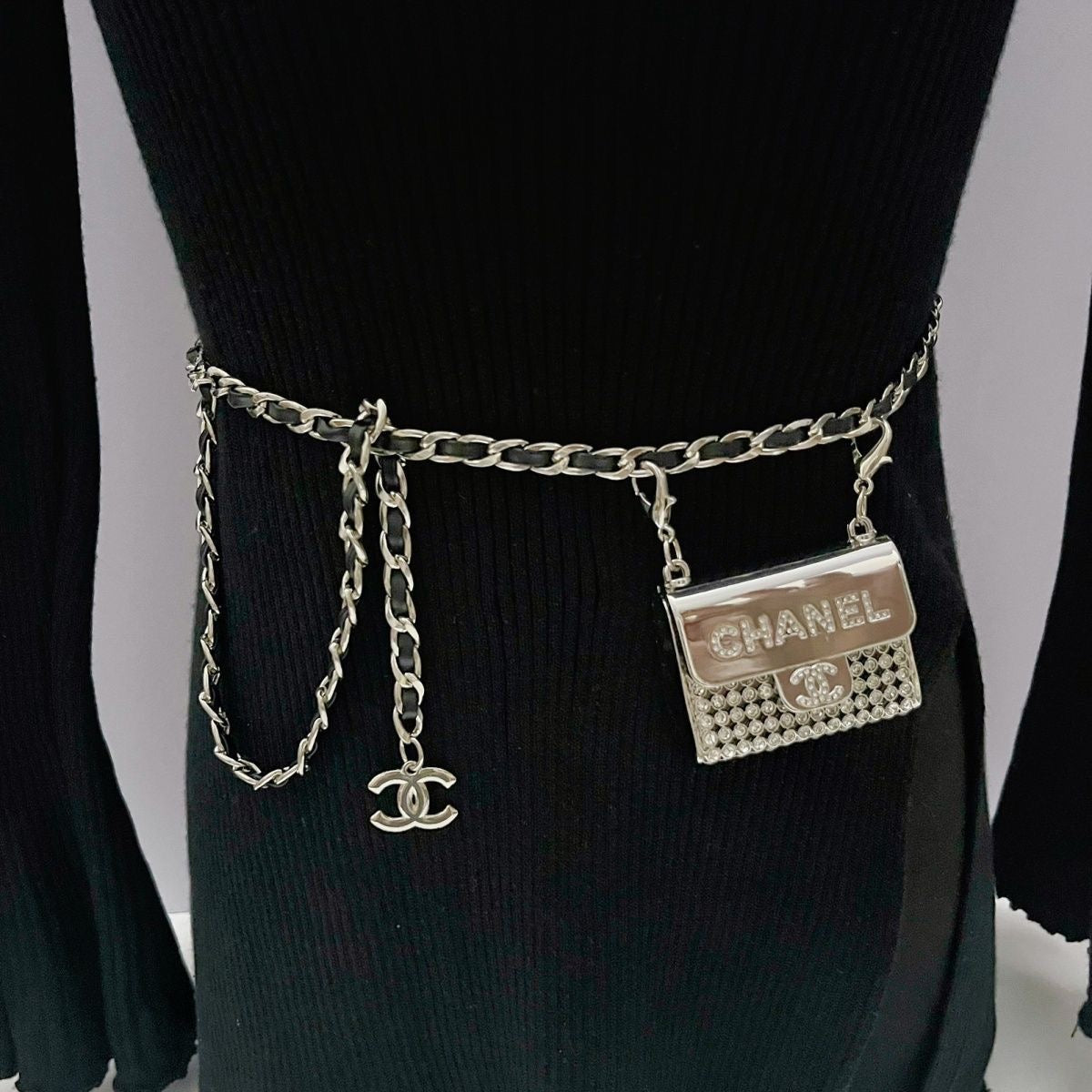 Chain Waist Belt with Mini Bag Charm | Silver & Black