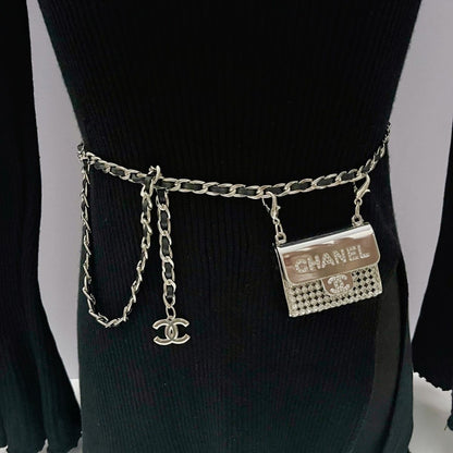 Chain Waist Belt with Mini Bag Charm | Silver & Black