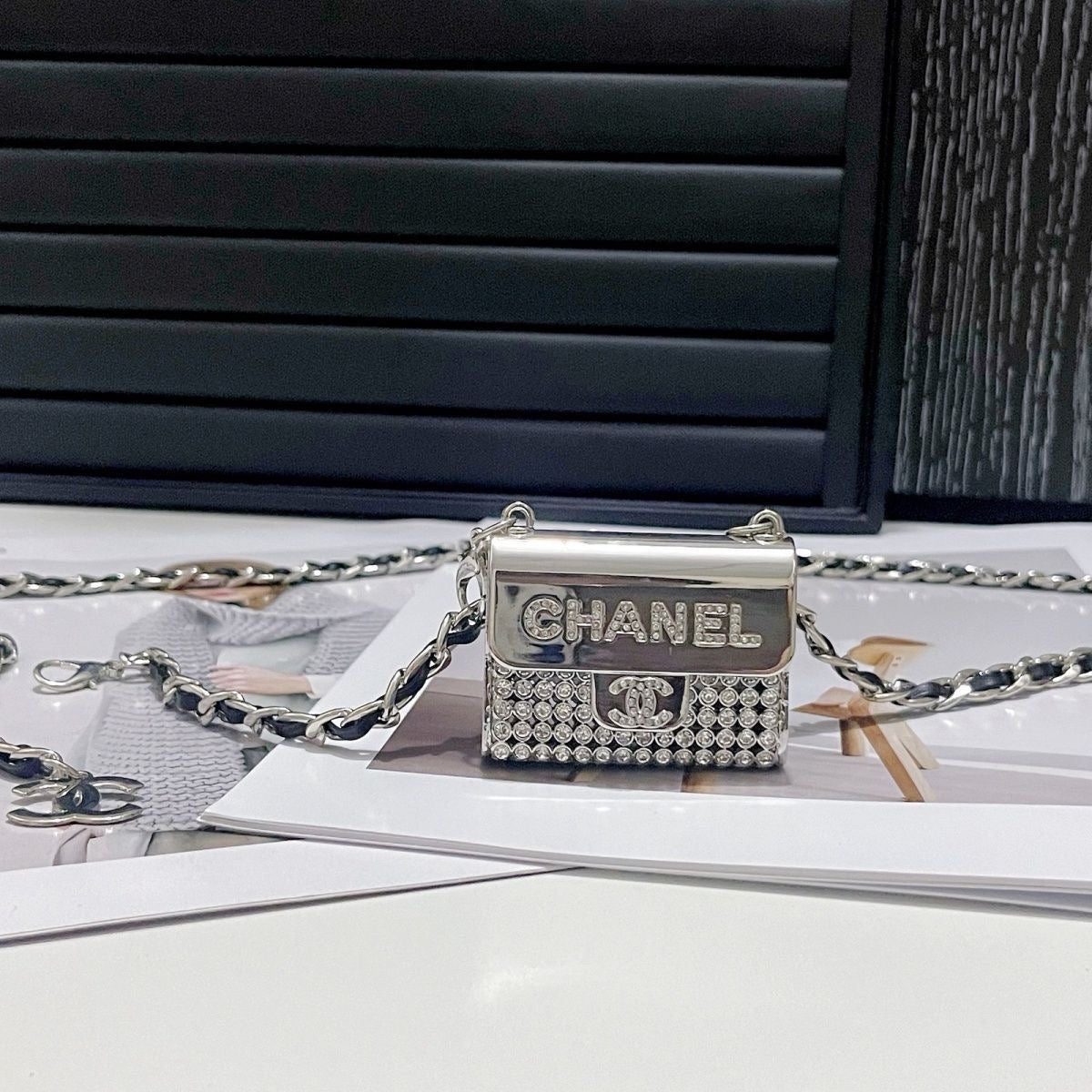 Chain Waist Belt with Mini Bag Charm | Silver & Black