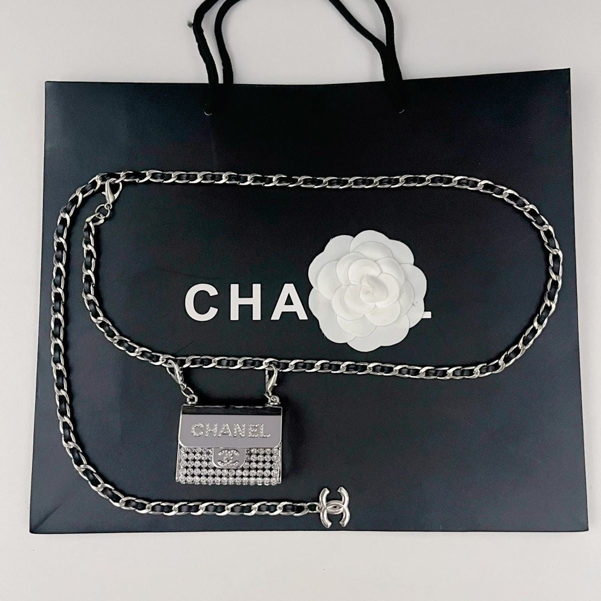Chain Waist Belt with Mini Bag Charm | Silver & Black