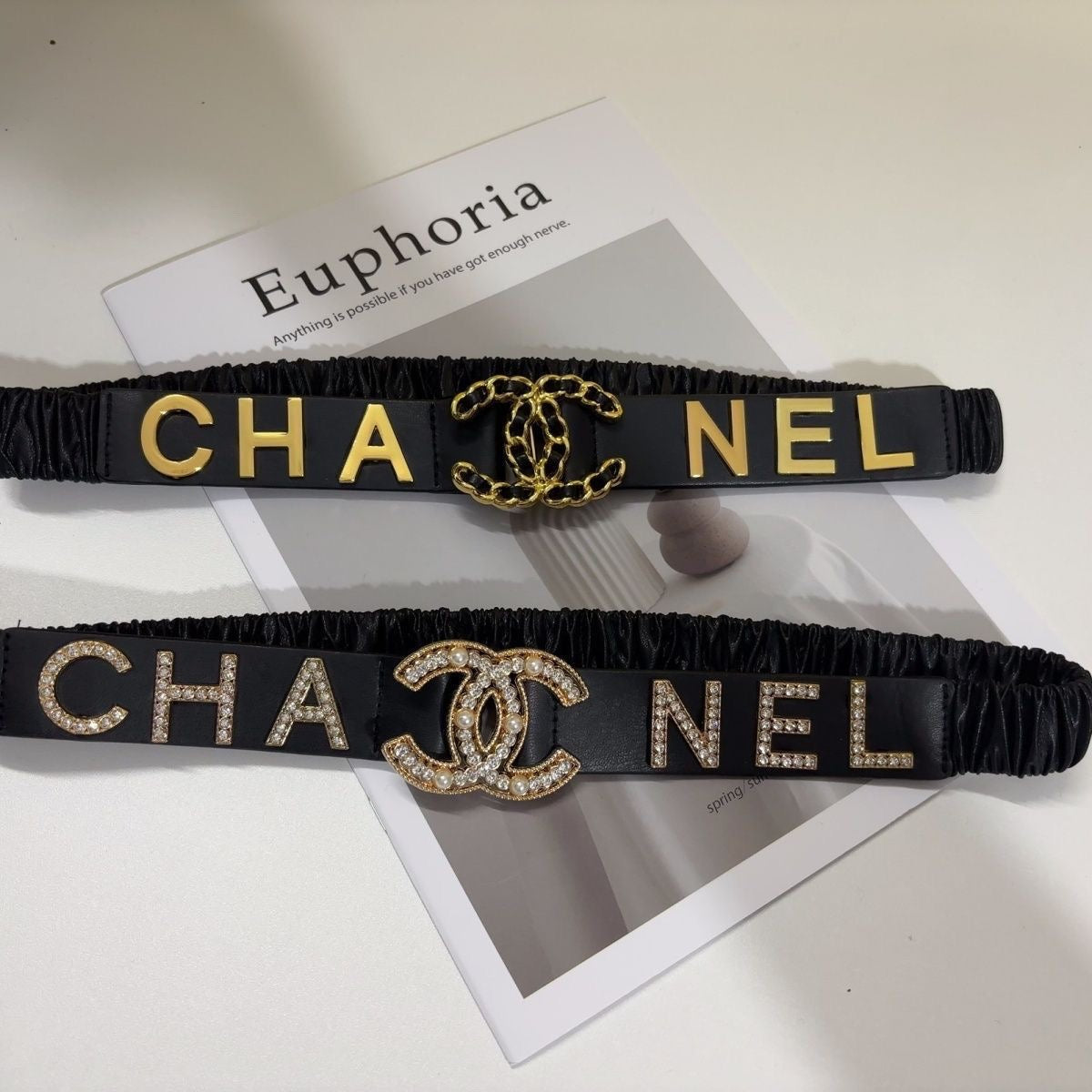 Pearl Crystal Letter Buckle Leather Belt