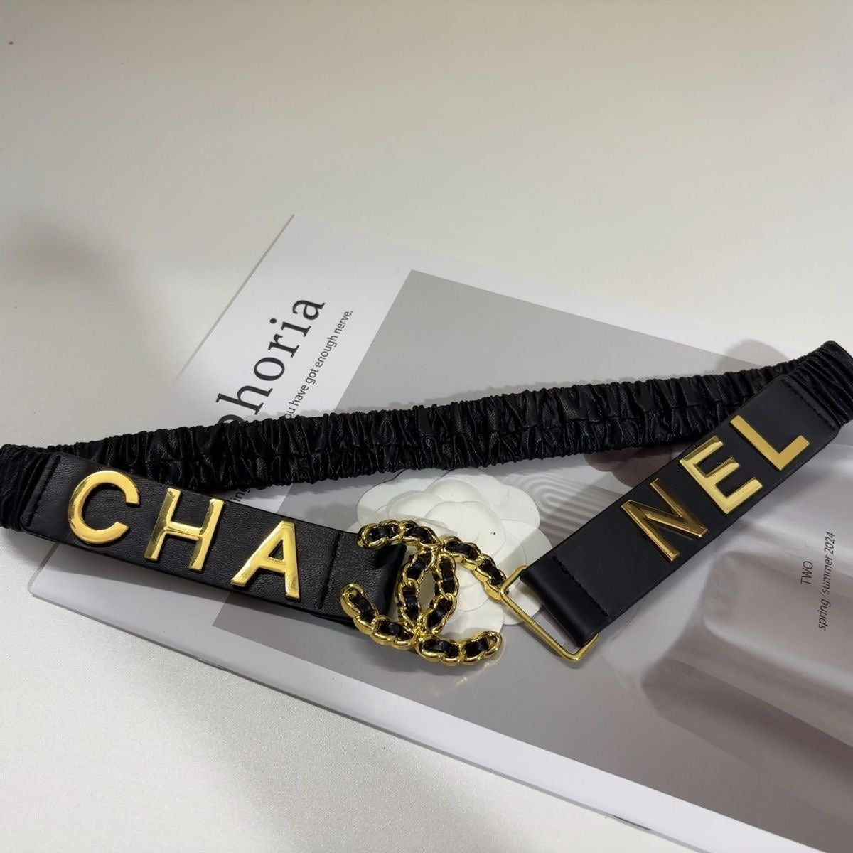 Pearl Crystal Letter Buckle Leather Belt