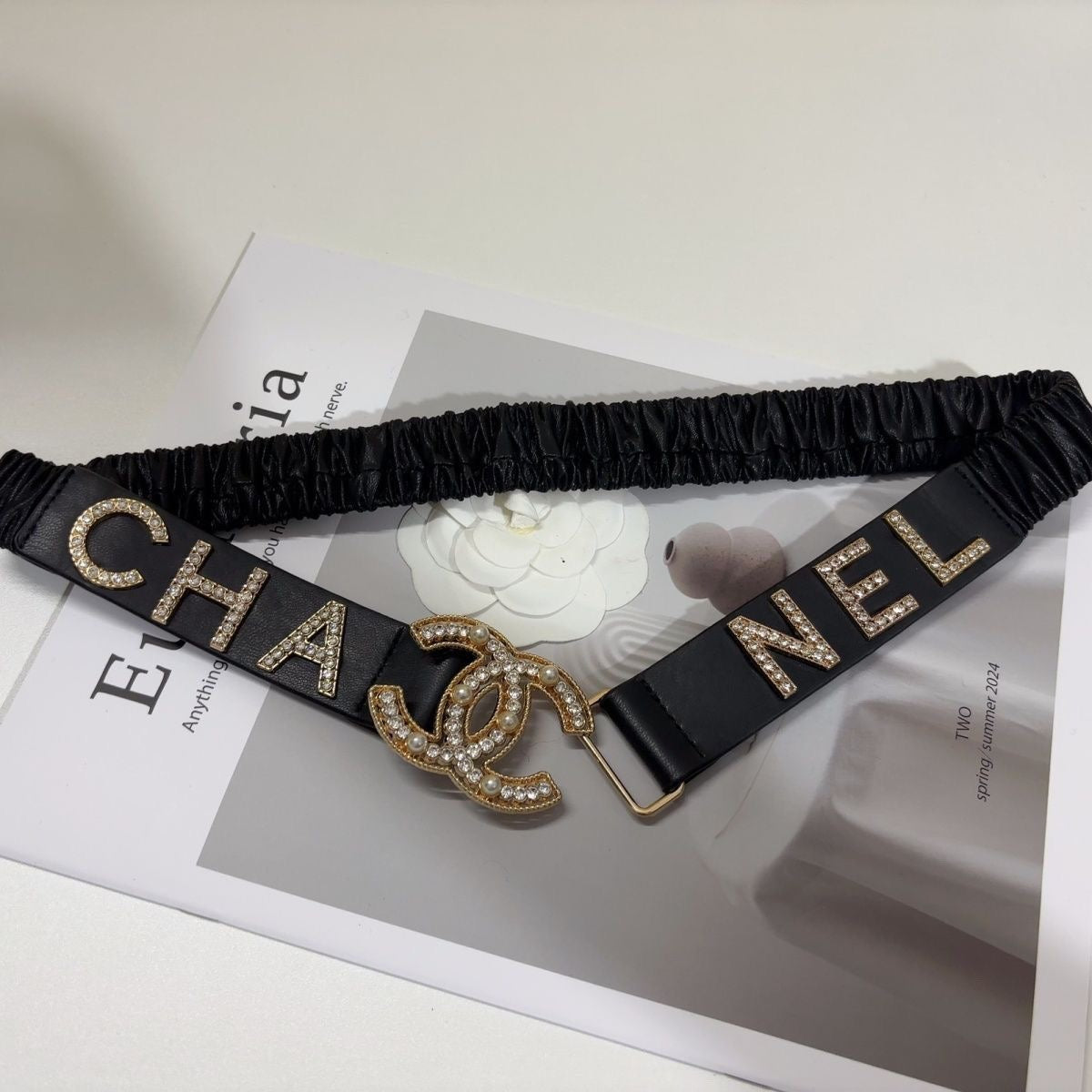 Pearl Crystal Letter Buckle Leather Belt