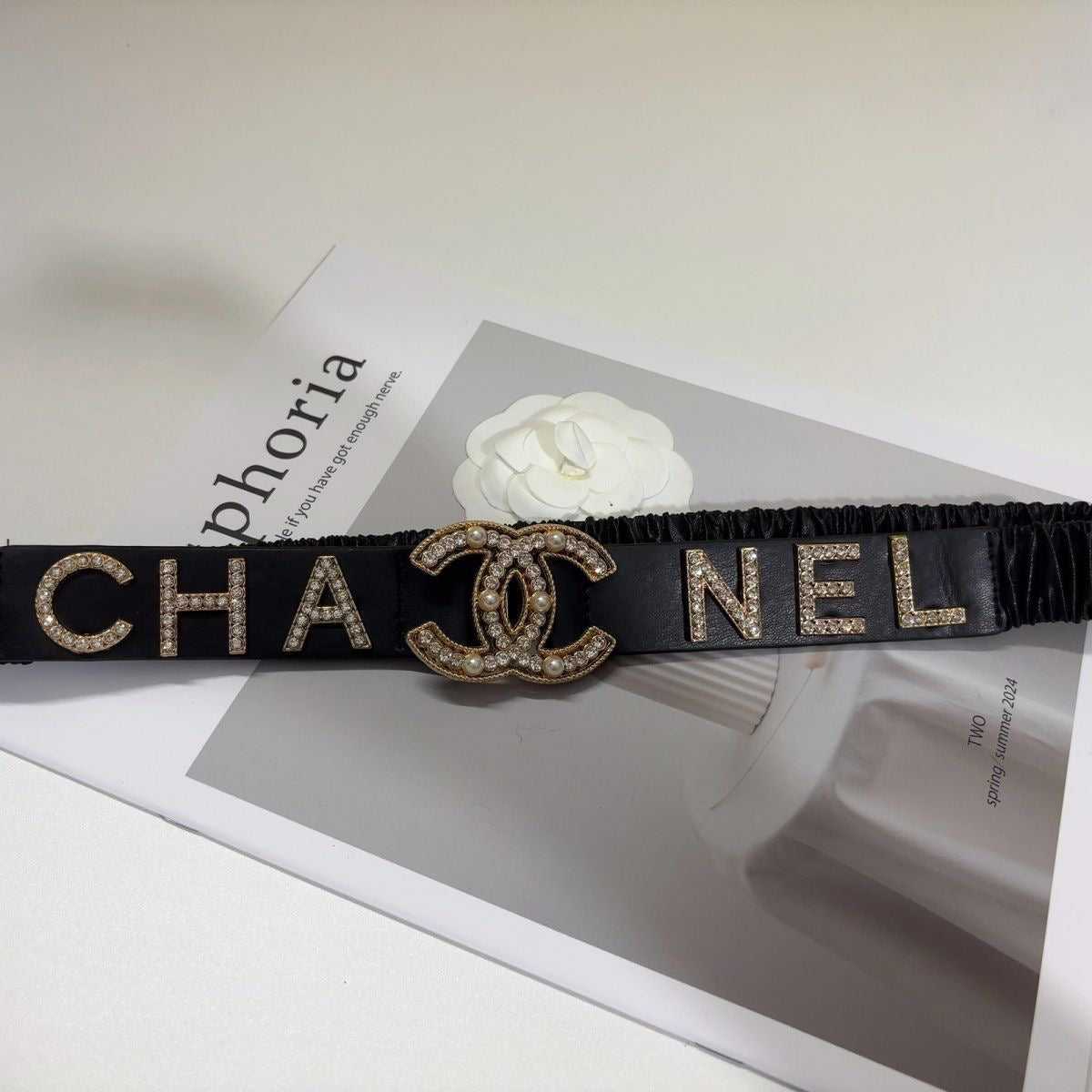 Pearl Crystal Letter Buckle Leather Belt