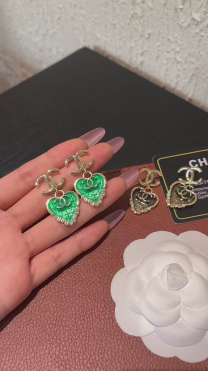 Heart Drop Earrings | Crystal Rhinestone Enamel Pendant | Gold-tone