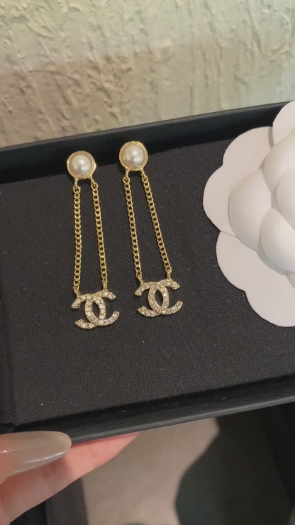 Pearl Stud Drop Earrings with Crystal Interlocking Loop Charm