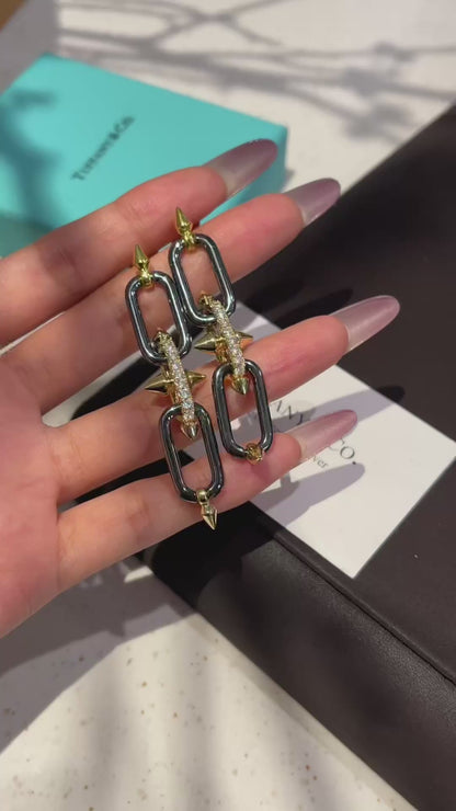 Double Link Chain Drop Earrings | Gold & Black